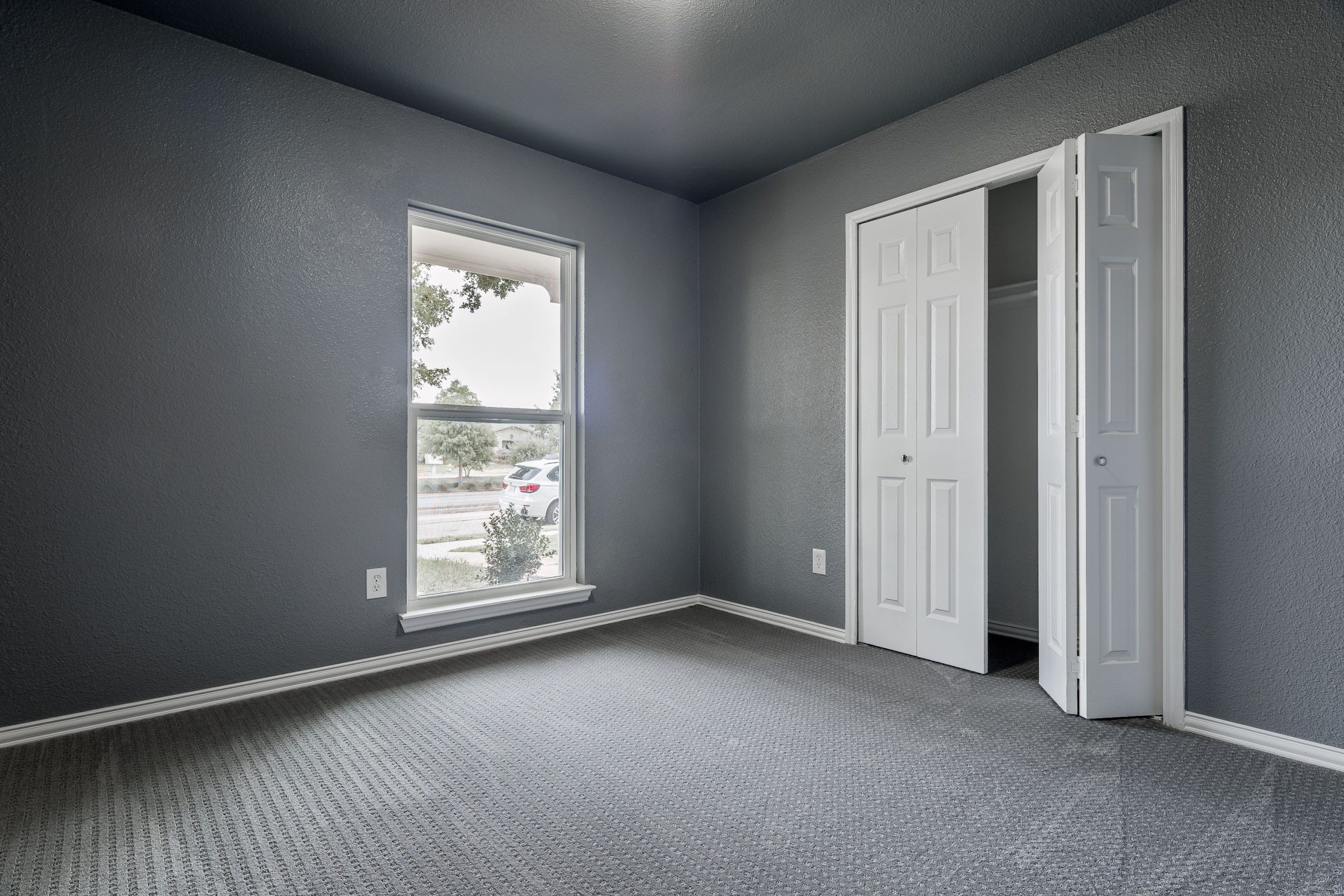 Charcoal Color Wall With Grey Carpet