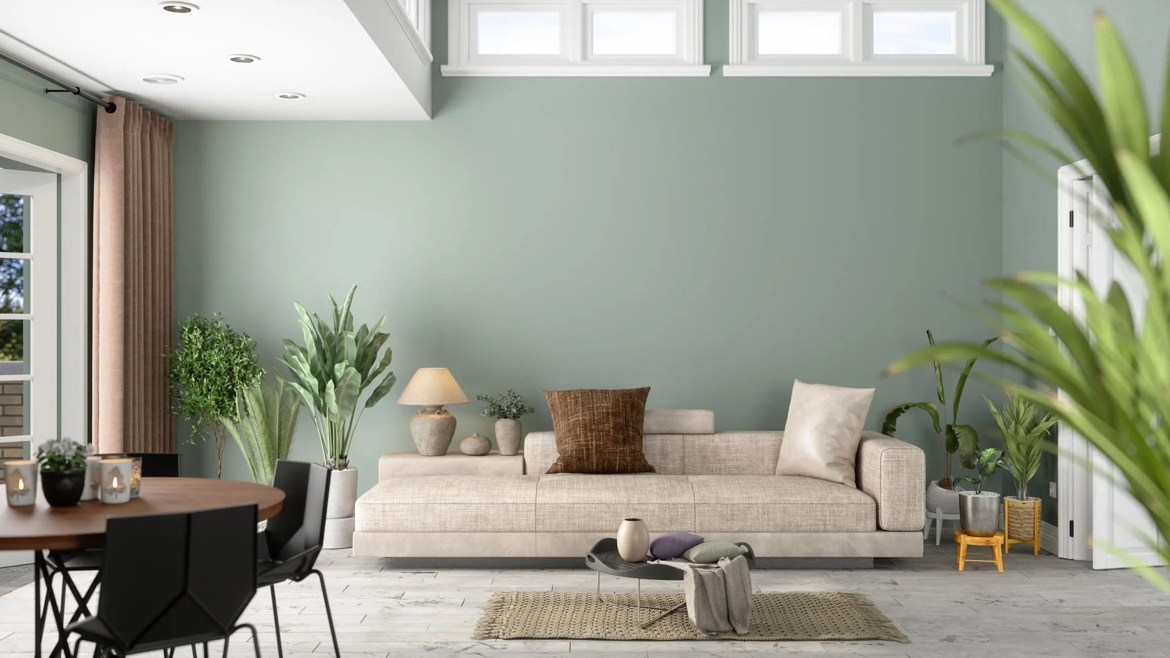 Olive Green Color Walls With Grey Carpet